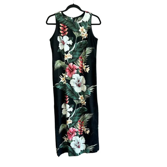 Iolani Made in Hawaii Black Hibiscus Floral Pencil Maxi Dress Size Small - Picture 1 of 9